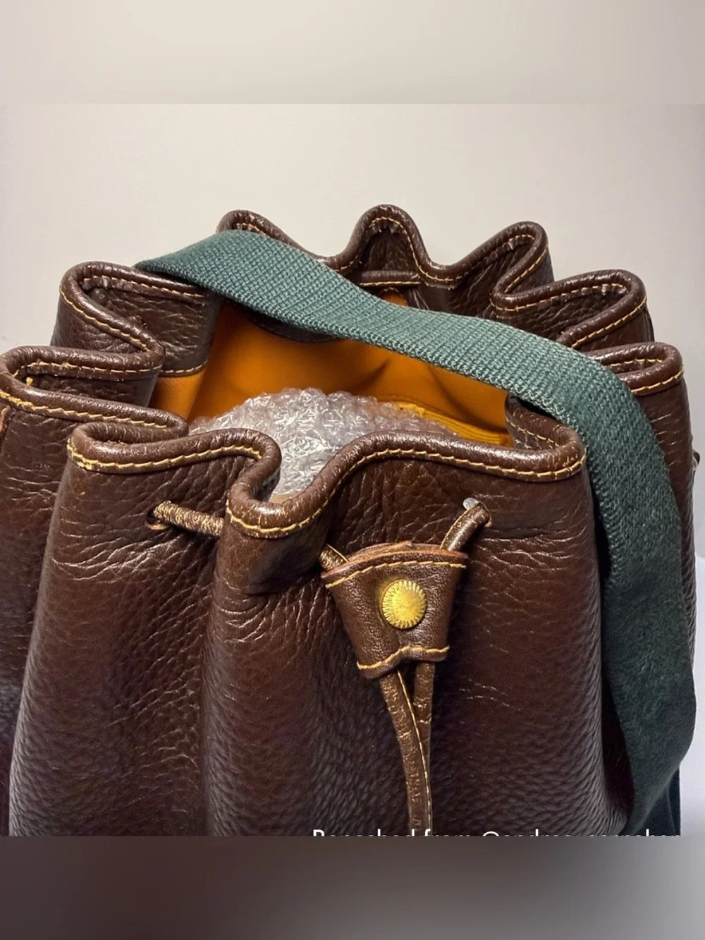 Vintage Bally Pebbled Leather Bucket Bag Drawstring & Hunter Green Canvas Strap